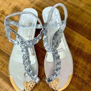 Lily Vanity Embellished Shiny Silver Sandals Elastic Ankle Strap EUR 38 US 7.5